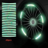 20 Pcs/ Set Car Rim Luminous Effect Waterproof Colorful Curved Sticky Strip/ Automobile Wheel Hub Self Adhesive Night Glowing Sticker Decoration，Car Reflective Stickers