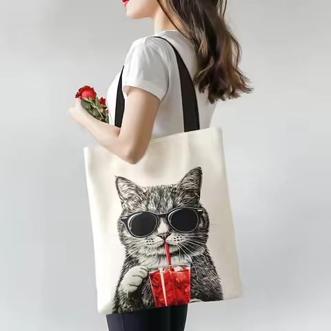 Fashion Elements Cat with Cola Tote Bag Stylish Polyester Reusable Shopping Bag, Cute Cat & Cola Pri