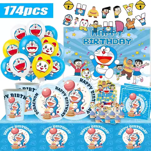 New Doraemon Birthday Decoration Blue Cat Party Supplies Party Favors Tablecloth Plate Paper Cup Bac