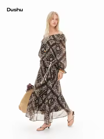 DUSHU Summer Women 2PCS Outfit Flower Printed Set Off Shoulder Long Sleeve Blouse & Midi Skirt Casua