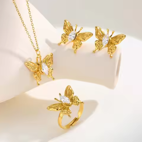 Vnox Pretty Butterfly Flowers Necklace Earrings Ring, Stainless Steel New Jewelry Set, Girls Stateme