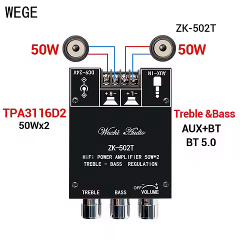 WEGE BT5.0 Audio Receiver Amplifier Board ZK-502T 502MT 50Wx2 TPA3116 Power Digital Stereo Bass Treb
