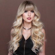 Lativ Ombre Blonde Wig With Bangs Long Wavy Curly Blonde Wig with Dark Roots Heat Resistant Syntheti