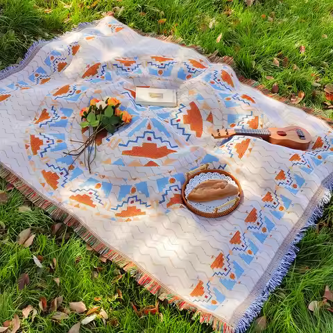 Bohemian Geometry Picnic Mat with tasselsThickened Ins Style Outdoor Mat Camping Picnic Cloth Bohemi