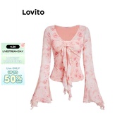 Lovito Glamorous T-Shirt Ditsy Floral Tie Front Knot Ruffle Hem T-Shirt for Women L101AD109