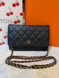chanel 香奈兒 鐳射27開 黑色荔枝紋牛皮 金扣 woc鏈條包19cm