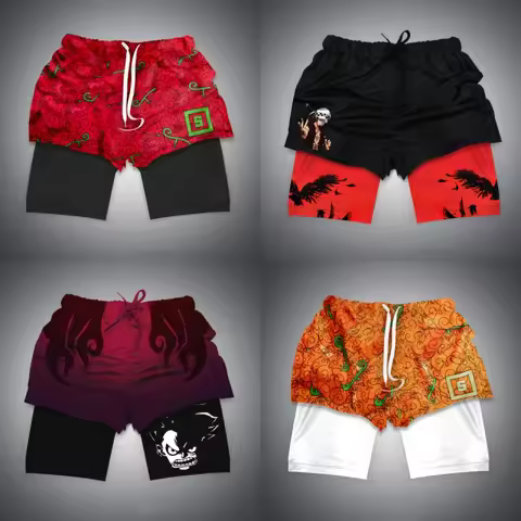 Anime Bilayer Gym Shorts Men One Piece Luffy Zoro3D Pattern Print 2 In 1 Quick Dry Breathable Sports