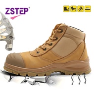 ZSTEP รองเท้าเพื่อความปลอดภัยกันแตกและกันการเจาะสำหรับผู้ชายรองเท้าสำหรับทำงานหมวกนิรภัยเหล็กหนังวัว
