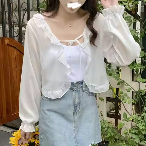 Long Sleeves Sun Protection Cape Chiffon Female Wraps Scarves Short Top Coat Korean Style Shawl Lace