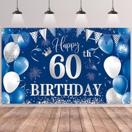 60th Birthday Banner Backdrop,BTZO Happy 60th Birthday Decorations,Blue Silver Fabric Photo Backdrop
