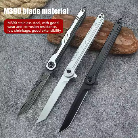 Outdoor Camping Feather Pattern Folding Knife M390 Pocket Knife Camping Portable Fruit Knife High Ha