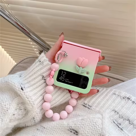 Cute Gradient Tulip Korean Bow Bracelet Phone Case for Samsung Galaxy Z Flip8 Z Flip7 flip6 flip5 Fl