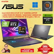 #1673 Used Asus ROG G713P Gaming Laptop AMD Ryzen 9-7845HX 16GB 1TB SSD 17.3" 2K 240Hz Nvidia RTX406