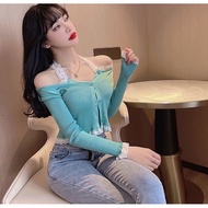 diary(N270+N270-1) 2-Piece Set Long-Sleeved Jacket + One-Shoulder Shirt Knitting Work Soft Fabric