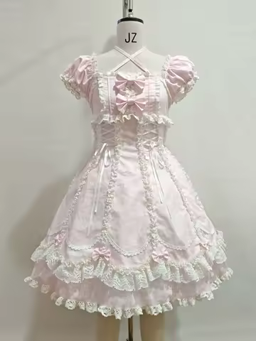 Pink Cotton Old School Lolita Lace OP Dress, Three-tiered Back by Candy Berry PRE ORDER / 2 months