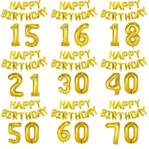 Gold Happy Birthday Number Foil Balloons Adult Party Decoration Man Women 14 15 16 17 18 21 25 30 40