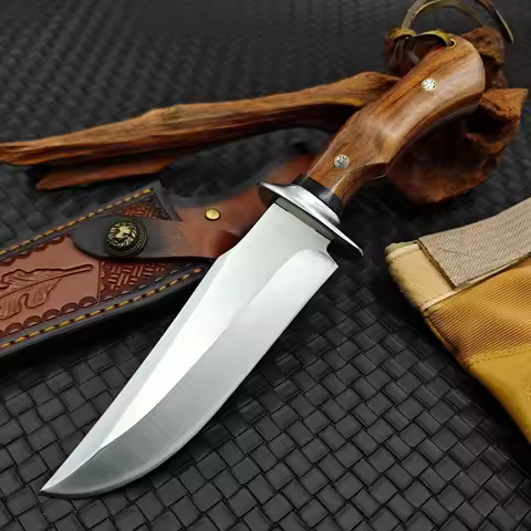 Heavyduty Tactical Hunting Knife 9CR18MOV Red Pear Wood Handle Combat Knife Self Defense Camping EDC