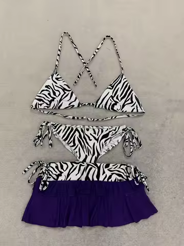 Zebra Print 3 Piece Bikini Set Halter Tie‑Side Swimsuit With Purple Ruffle Cover‑Up Skirt