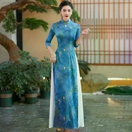 Women Elegant Aodai Cheongsam Traditional Printed Evening Party Wedding Dress
