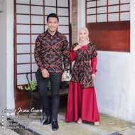 Couple Gamis Batik Wanita Modern Dress Batik Sarimbit Kombinasi Polos