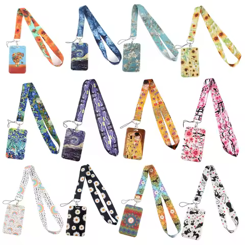 DZ1330 Wholesale Van Gogh Sunflower lanyard card ID Holder Car KeyChain ID Card Pass Gym Mobile Badg