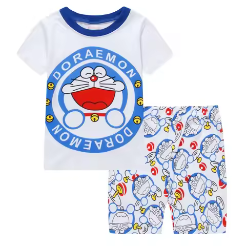 Doraemon Summer Pajamas Set Short Sleeve T Shirt Shorts Pajamas Kawaii Sleepwear Cartoon Nightgown G