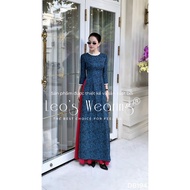 DB194 LEOSWEARING Silk brocade ao dai with round neck, blue half sleeves with white trim and red sil