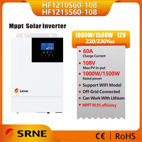 SRNE 1KW/1.5KVA MPPT 60A12V 220/240V Off-Grid Solar inverter PV  Max Input 108VDC For Solar Dc to Ac