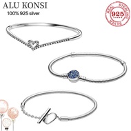 New Hot Sale 100% Real 925 Sterling Silver pan Love heart Blue crystal Bracelet for Women Fit Original Charms Bangle DIY Jewelry