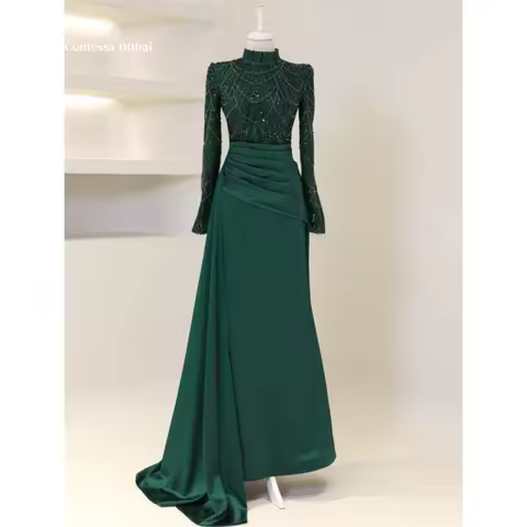 Contessa Dubai Trumpet Shiny Bead Embroidery Prom Dress Turtleneck Long Sleeveفساتين سهراتFloorLengt