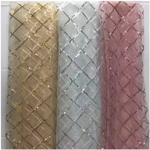 Sequin Embroidery Fabric Check Embroidery Lace Sequin Embroidery Craft Fashion Wedding Dress DIY Wom