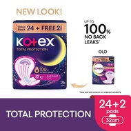 KOTEX Total Protection Overnight Wing Pad 32cm (24s) - Sanitary Pad that prevents up to 100% No Back