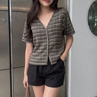 CALEA Elvira Checked Knit Blouse V-Neck Knite Top Wanita Top Cardigan Short Sleeve Sweater 1941