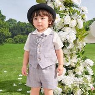 3pcs Baby Boy Summer Cute Preppy Gentleman Outfit - Plaid Vest, Short Sleeve Shirt With Bow Tie, Sho