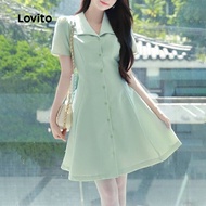 (Trendy) Lovito Casual Dress Button Spring/Summer Green Dress for Women L135ED360