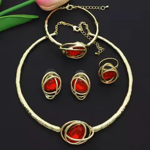 Luxury Design Women Jewelry Set Classic Design Red Jewel Pendant Necklace Earrings Bracelet Ring No