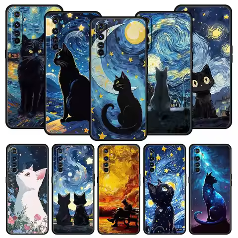 Cat Van Gogh Starry Sky Phone Case For Realme 12 11 10 4G 9 8 5G 7 6 GT5 GT3 GT2 Pro Plus C21 C11 C2