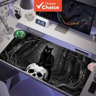 Glowing Yellow Eyes Black Cat Cracked Skull Dark Gloomy Monochrome Forest Extended Gaming Mouse Pad,