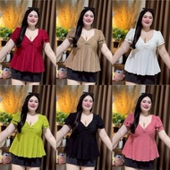 MM70 T-Shirt For Chubby Women V-Neck Front Bow Short Sleeves With 2 Layers Of Ruffles Chest Between 