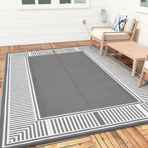 Outdoor Rug 9'x12' for Patio Deck Backyard RV Camping Picnic, Reversible Lightweight Waterproof UV R