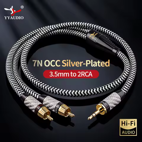 HIFI 3.5 mm to 2Rca Audio Cable 7N OCC Silver Plated RCA Cable AUX RCA Jack 3.5 Y Splitter Cable For