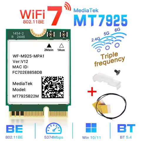 WiFi 7 MT7925 Network Card Bluetooth 5.4 M.2 NGFF Wireless Adapter 5400Mbps Tri Band 2.4G 5G 6GHz Wi