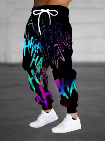 Summer Men's Neon Gradient HAHA 3D Print Jogger Pants Quick Drying Breathable Elastic Waist Loose Fi