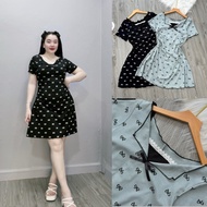 Women's short-sleeved bow dress made of soft, stretchy ribbed elastic with bow pattern, youthful sty