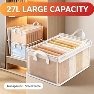 27L Transparent Storage Box Foldable Clothes Organizer PVC Steel Frame Wardrobe Drawer Bin with Hand