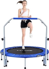 FirstE 48" Foldable Fitness Trampolines, Rebound Recreational Exercise Trampoline with 4 Level Adjustable Heights Foam Handrail, Jump Trampoline for Kids and Adults Indoor&amp;Outdoor, Max Load 440lbs