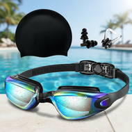 Swimming goggles and cap combo with nose clip, earplugs, waterproof, leak-proof, anti-fog, and safet