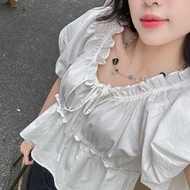 Áo babydoll form croptop nhún cổ phối bèo tay bồng Hàn Quốc #537 HAVANA AO412