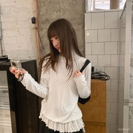Casual Long Sleeve T 260g Human Cotton Half High Neck Polka Dot Bottoming Shirt Women Autumn Ruffled