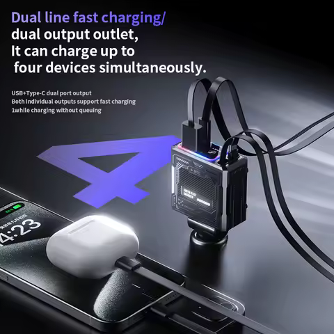 Retractable Car Charger 4 in 1 Fast Charging Car Charger 120W Cable Type-c Ports Car Charger Adapter